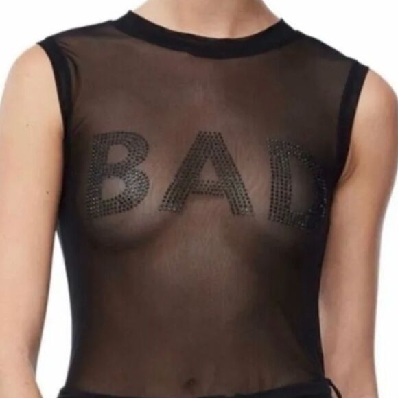 NWOT New Good American Good Body Bad Girl Black Rhinestone Sheer Bodysuit Small - Picture 3 of 13